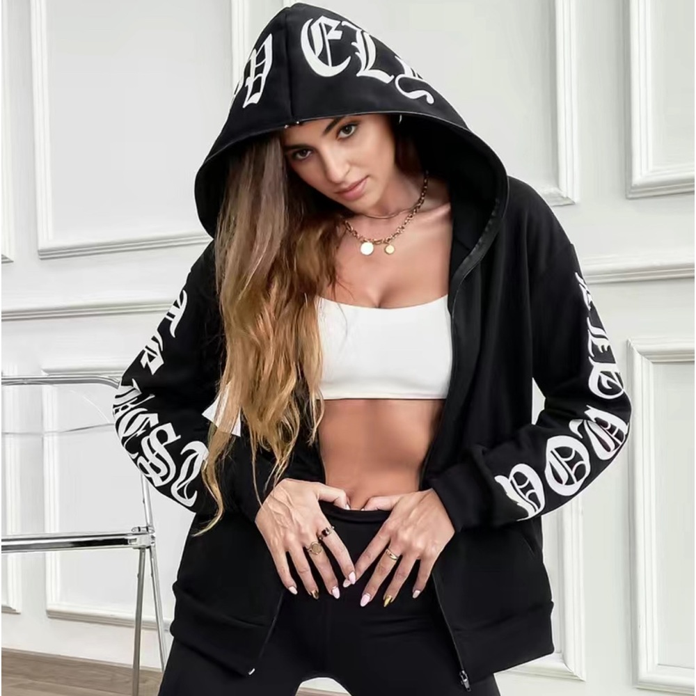 Letter Print Zip-up Hoodie, Casual Long Sleeve Slant Pockets Jacket, UNISEX